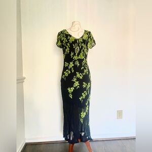 Vintage 1990’s black & green floral vine beaded sequin v neck dress